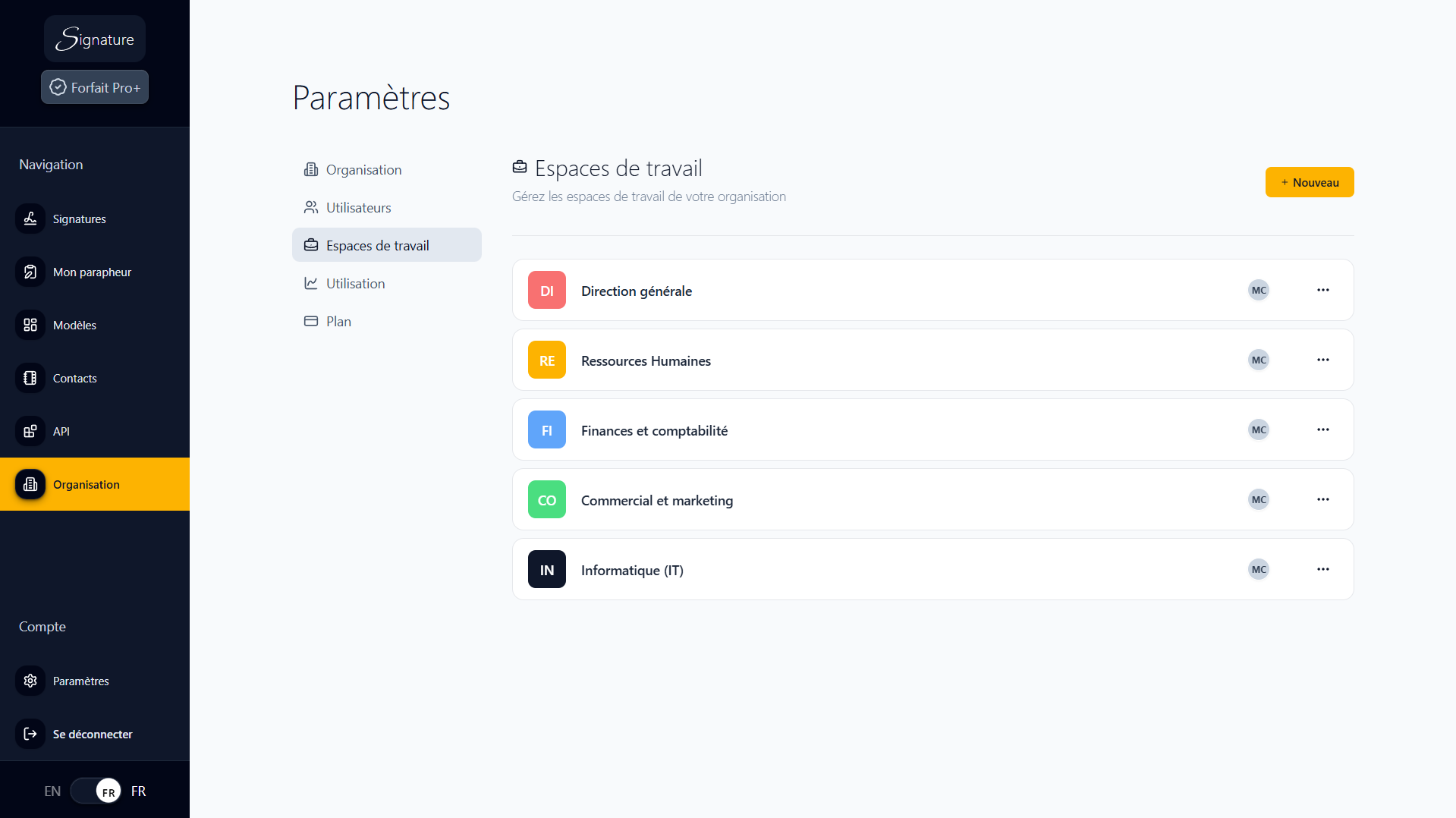Liste des espaces de travail collaboratifs (Commercial, Technique, RH, Direction Générale)