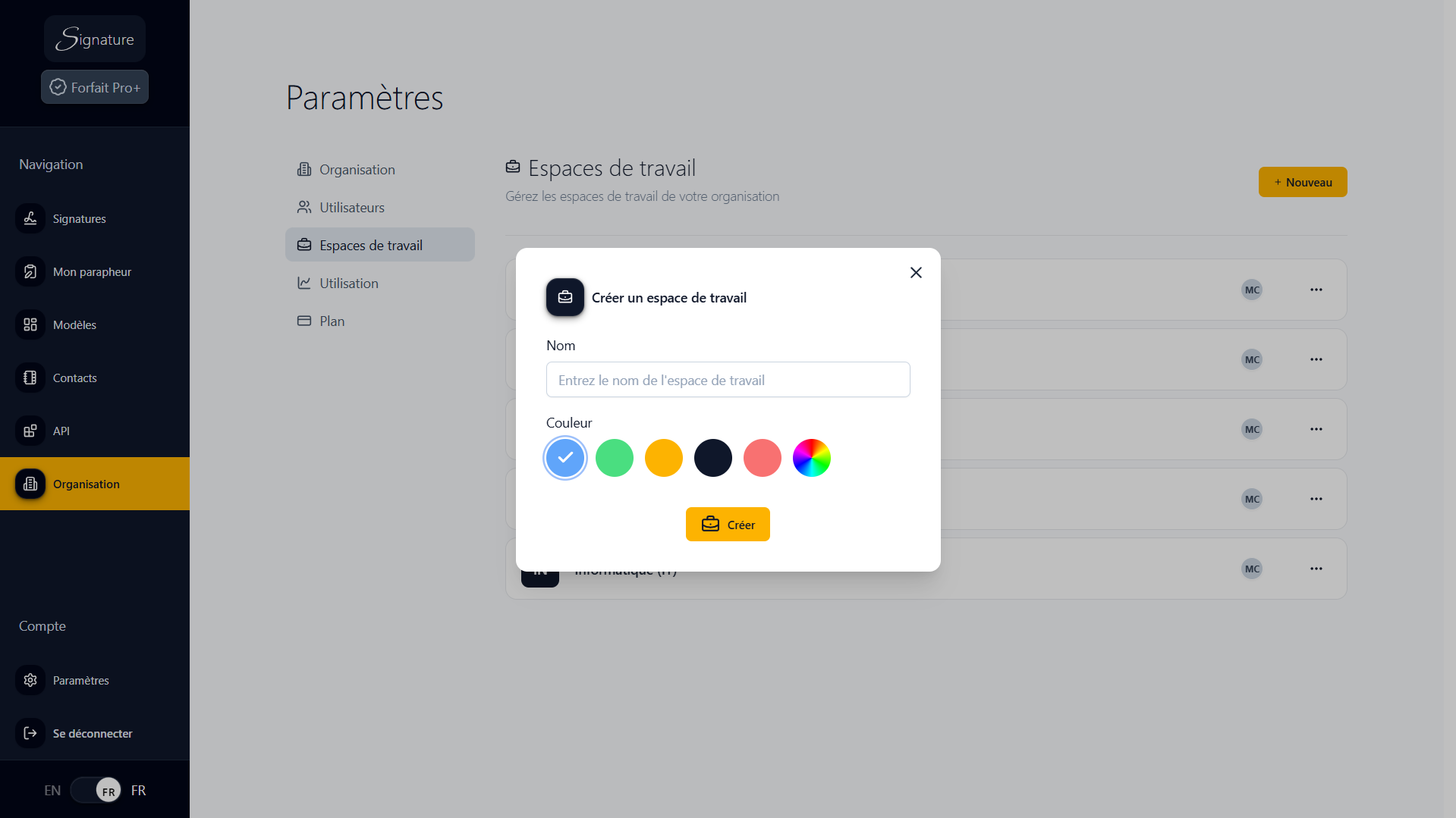 Interface de création d'un nouvel espace de travail