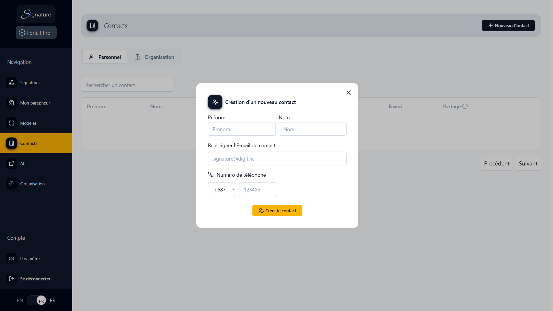 Formulaire de création contact