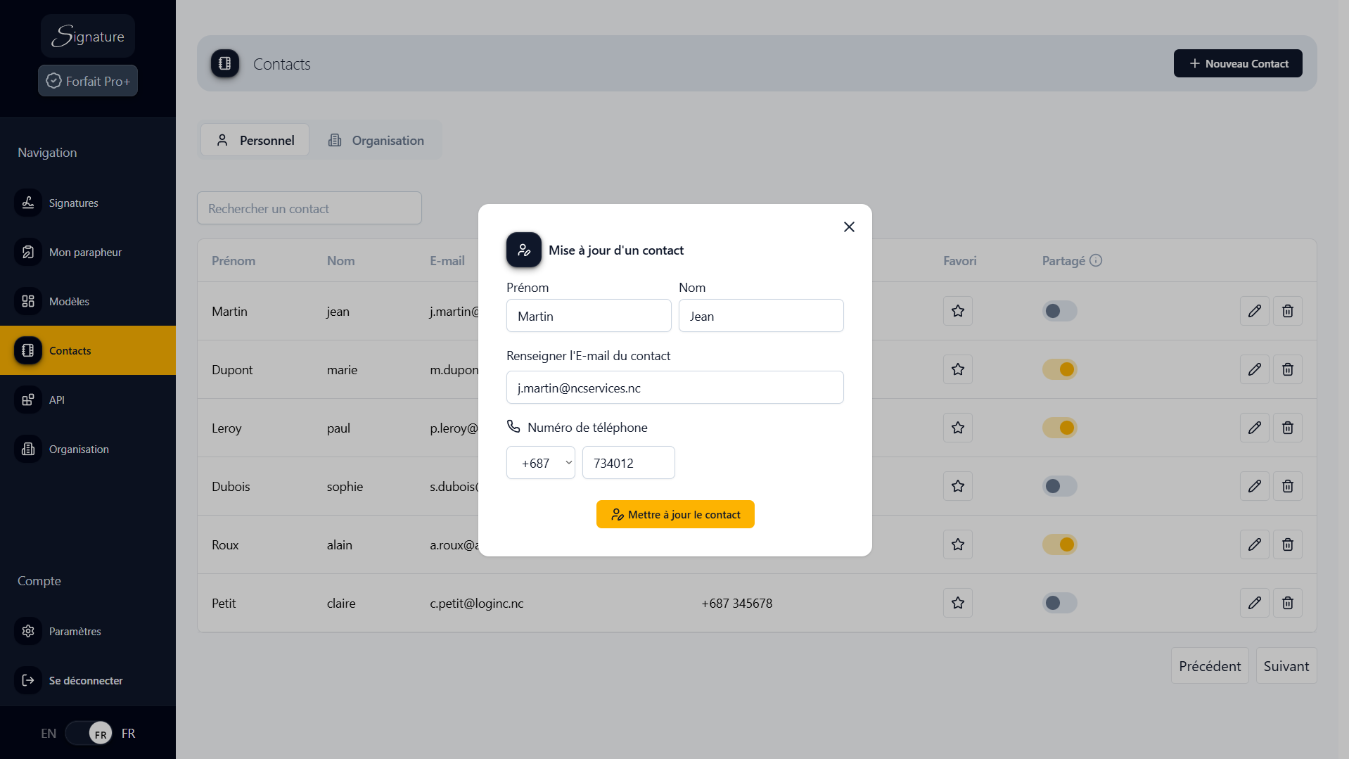 Formulaire de création contact complété