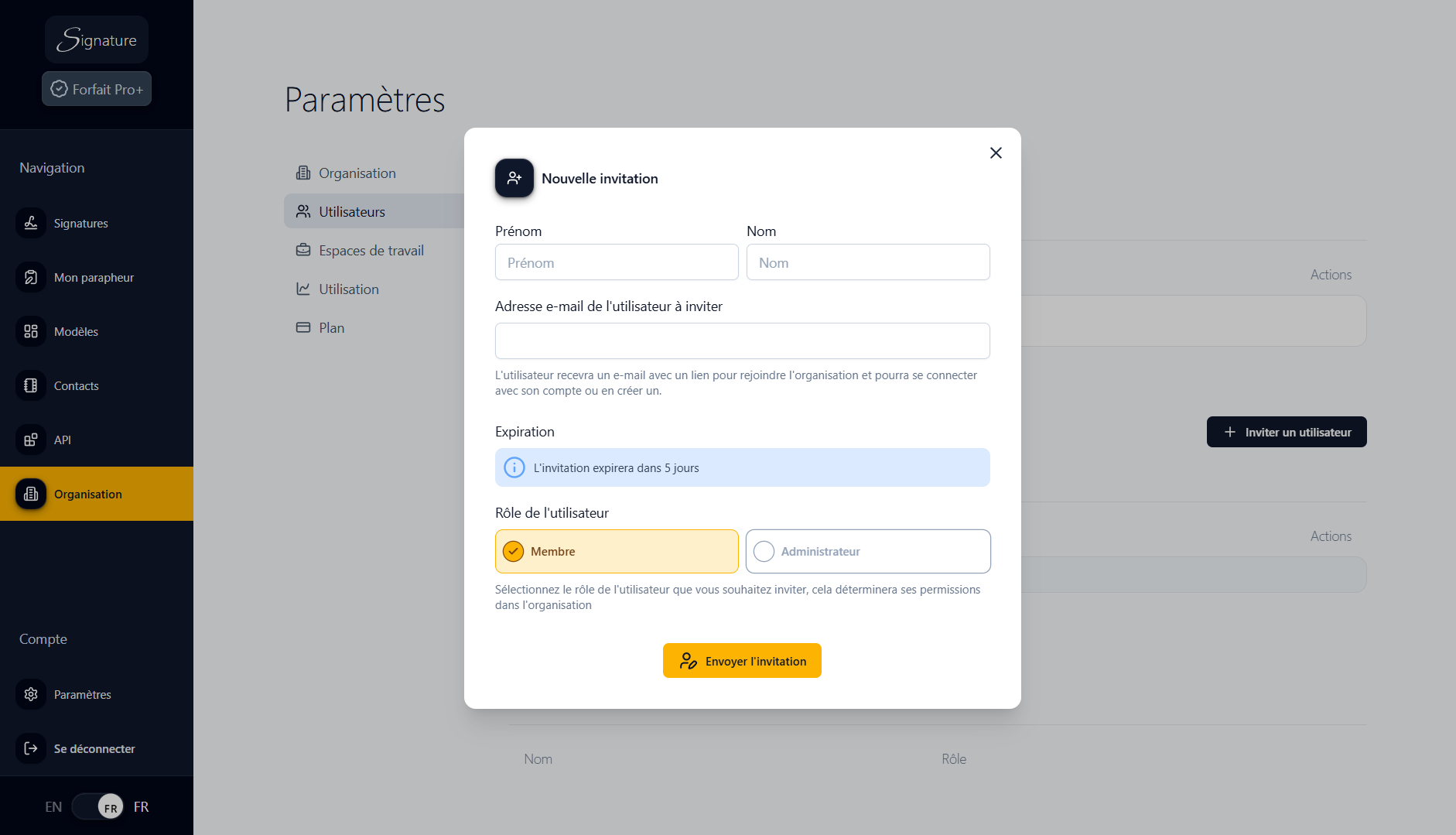 Interface d'invitation membre à l'organisation