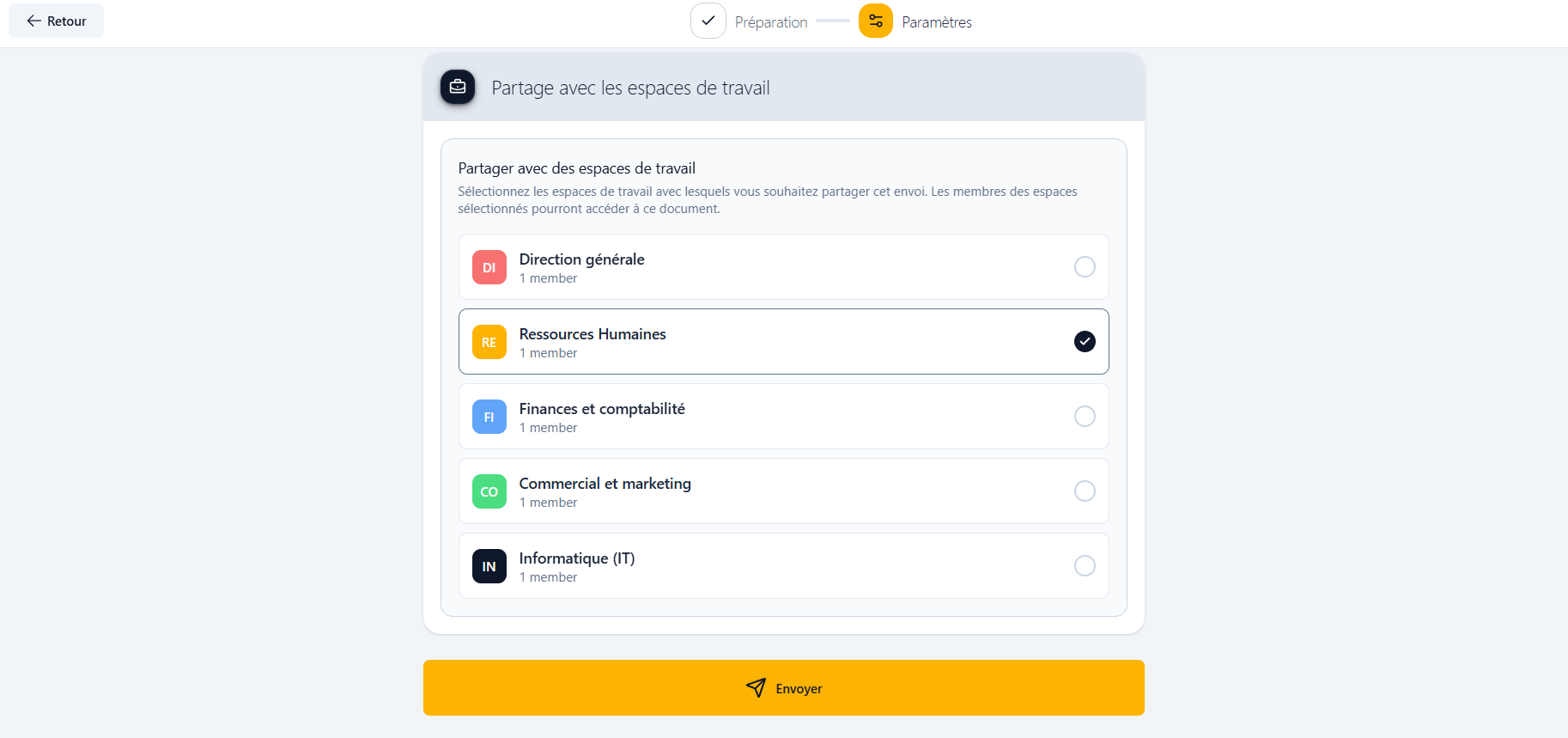 Selection de l'espace de travail dans lequel sera déposé le document en cours de signature